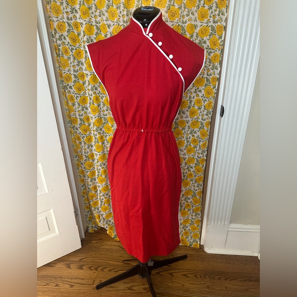 Chic Asymmetrical Red Dress with Button Accents